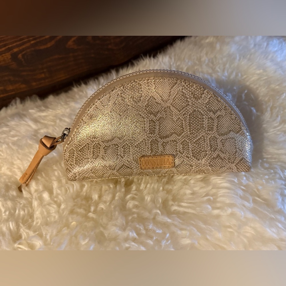 Consuela Metallic Snake-Print Half-Moon Cosmetic Pouch in Gold and Tan